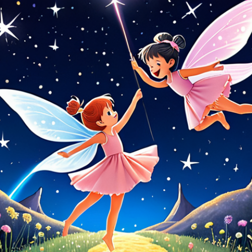 Home 4 **A pastel-colored illustration depicting Kiki and Lala, twin star fairies, flying through a starry night sky on a shooting star. The scene emphasizes the beauty of the night and their joyful expressions, capturing the themes of dreams, imagination, and hope.**