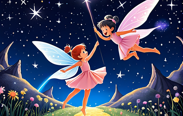 **A pastel-colored illustration depicting Kiki and Lala, twin star fairies, flying through a starry night sky on a shooting star. The scene emphasizes the beauty of the night and their joyful expressions, capturing the themes of dreams, imagination, and hope.**