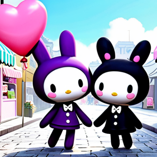 Home 11 A charming illustration featuring My Melody and Kuromi, showcasing their contrasting yet harmonious personalities. My Melody is depicted with gentle, loving colors and soft textures, holding a pink heart-shaped balloon. Kuromi is portrayed with cool, chic purple and black tones, with a playful mischievous smirk. They are standing side-by-side in a whimsical, pastel-colored street scene, with small shops in the background selling cute stationery and accessories. The art style is clean, vibrant, and reminiscent of official Sanrio character designs. Perfect anatomy, correct proportions, natural pose, well-formed features. Safe for work, appropriate content, fully clothed, family-friendly.