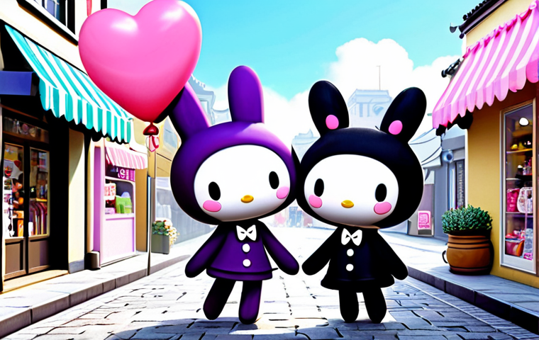 A charming illustration featuring My Melody and Kuromi, showcasing their contrasting yet harmonious personalities. My Melody is depicted with gentle, loving colors and soft textures, holding a pink heart-shaped balloon. Kuromi is portrayed with cool, chic purple and black tones, with a playful mischievous smirk. They are standing side-by-side in a whimsical, pastel-colored street scene, with small shops in the background selling cute stationery and accessories. The art style is clean, vibrant, and reminiscent of official Sanrio character designs. Perfect anatomy, correct proportions, natural pose, well-formed features. Safe for work, appropriate content, fully clothed, family-friendly.