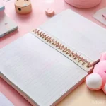 Home 7 마이멜로디와 힐링 문구의 콜라보 - **Prompt 1:** A cozy, warm-toned close-up of a desk setup, featuring a soft-focus My Melody plushie ...