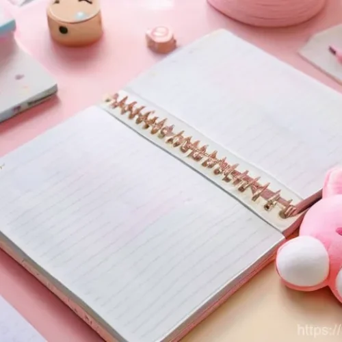 Home 4 마이멜로디와 힐링 문구의 콜라보 - **Prompt 1:** A cozy, warm-toned close-up of a desk setup, featuring a soft-focus My Melody plushie ...