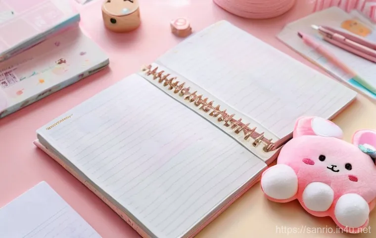 마이멜로디와 힐링 문구의 콜라보 - **Prompt 1:** A cozy, warm-toned close-up of a desk setup, featuring a soft-focus My Melody plushie ...